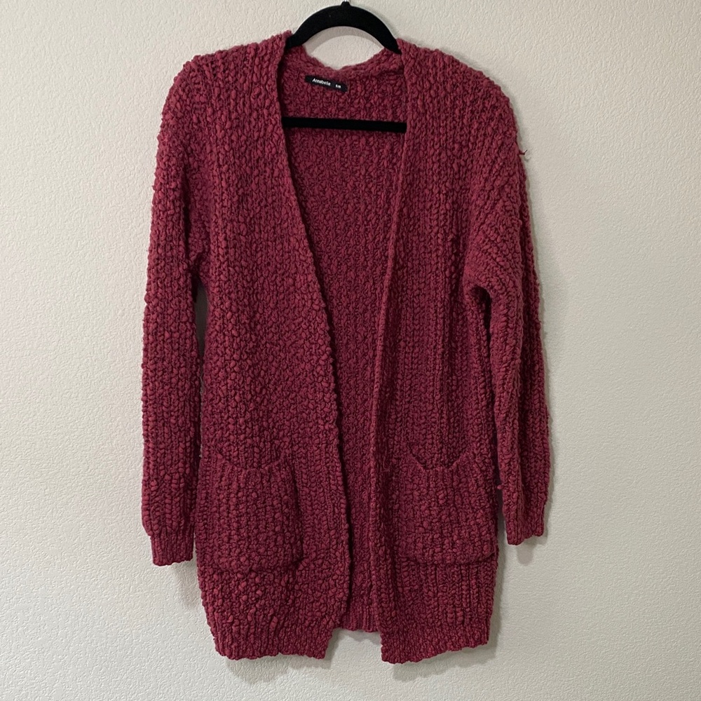 Annabelle Chunky Textured Long Sleeve Cardigan Sweater Deep Red Burgundy S/M